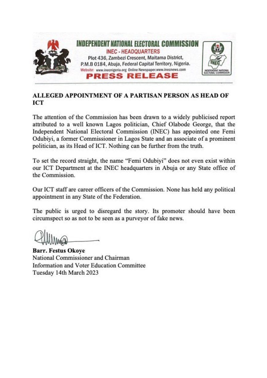 INEC Debunks Appointing Partisan Person As Head OF ICT