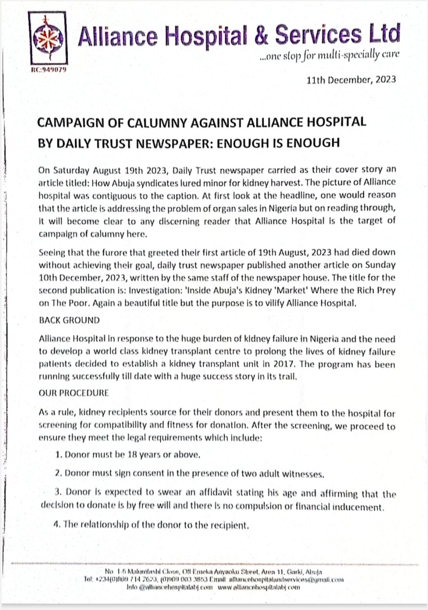 Alliance Hospital Debunks Wild Allegations of Kidney Harvesting