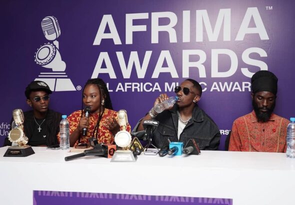 Tanzanian music director, Folex, who won AFRIMA’s Best Music Video of the Year, Victoria Nkong, Associate Producer, All Africa Music Awards (AFRIMA), Best Male Artiste Eastern Africa, Juma Jux; and Seleman Mabisso, Acting Assistant Director of the Music Department at the National Arts Council of Tanzania, BASATA, during the Media and Stakeholders Parley held to review the impact of the awards on the region’s music industry, at the Urban by City Blue Hotel, Dar es Salaam, Tanzania... recently